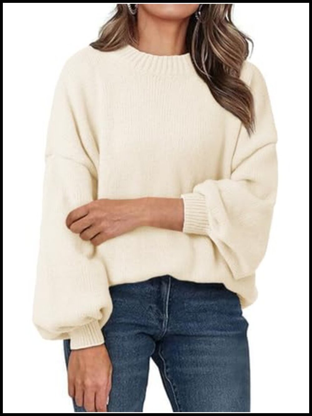 Oversized Chunky Knit Pullover Sweater Mock Neck Lantern Sleeve Loose Fit